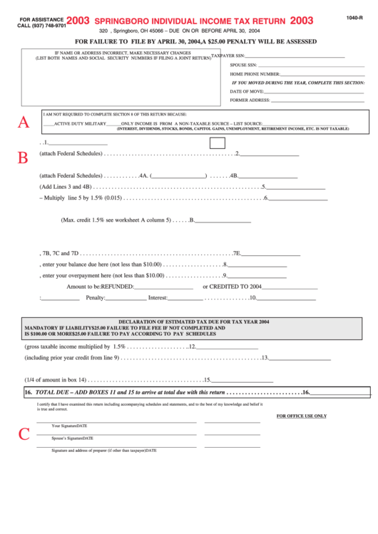 Form 1040R Springboro Individual Tax Return 2003 printable