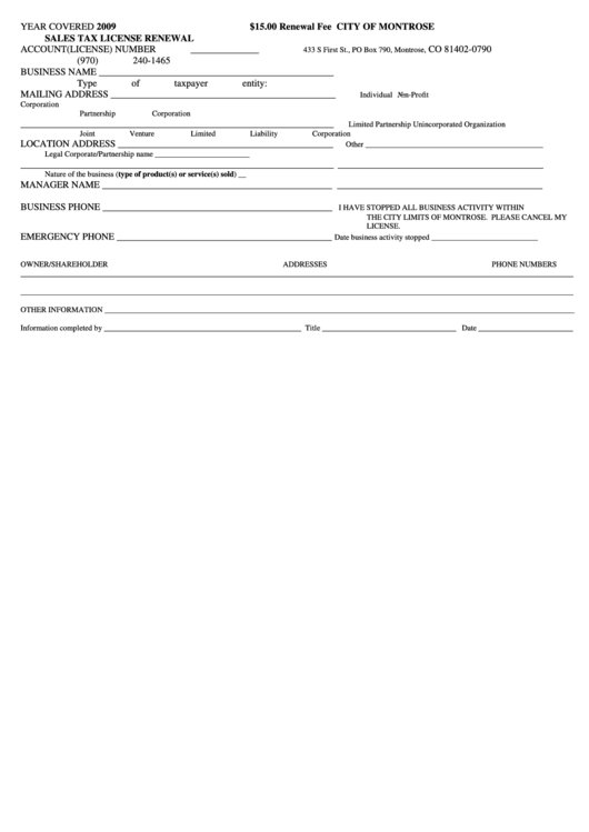 City Of Montrose Sales Tax License Renewal 2009 printable pdf download