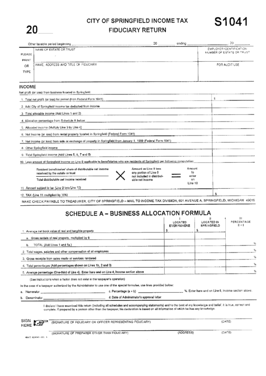 Form S1041 City Of Springfield Tax Fiduciary Return printable pdf download