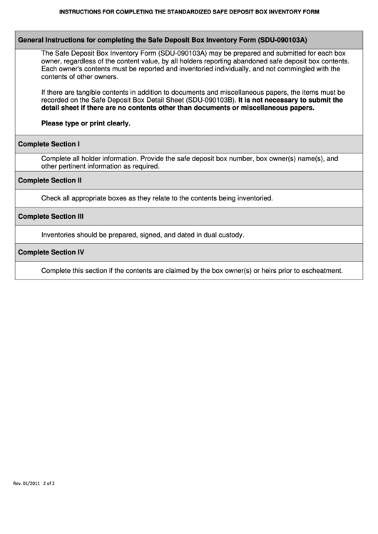 Form Sdu090103a Instructions For Completing The Standardized Safe Deposit Box Inventory Form