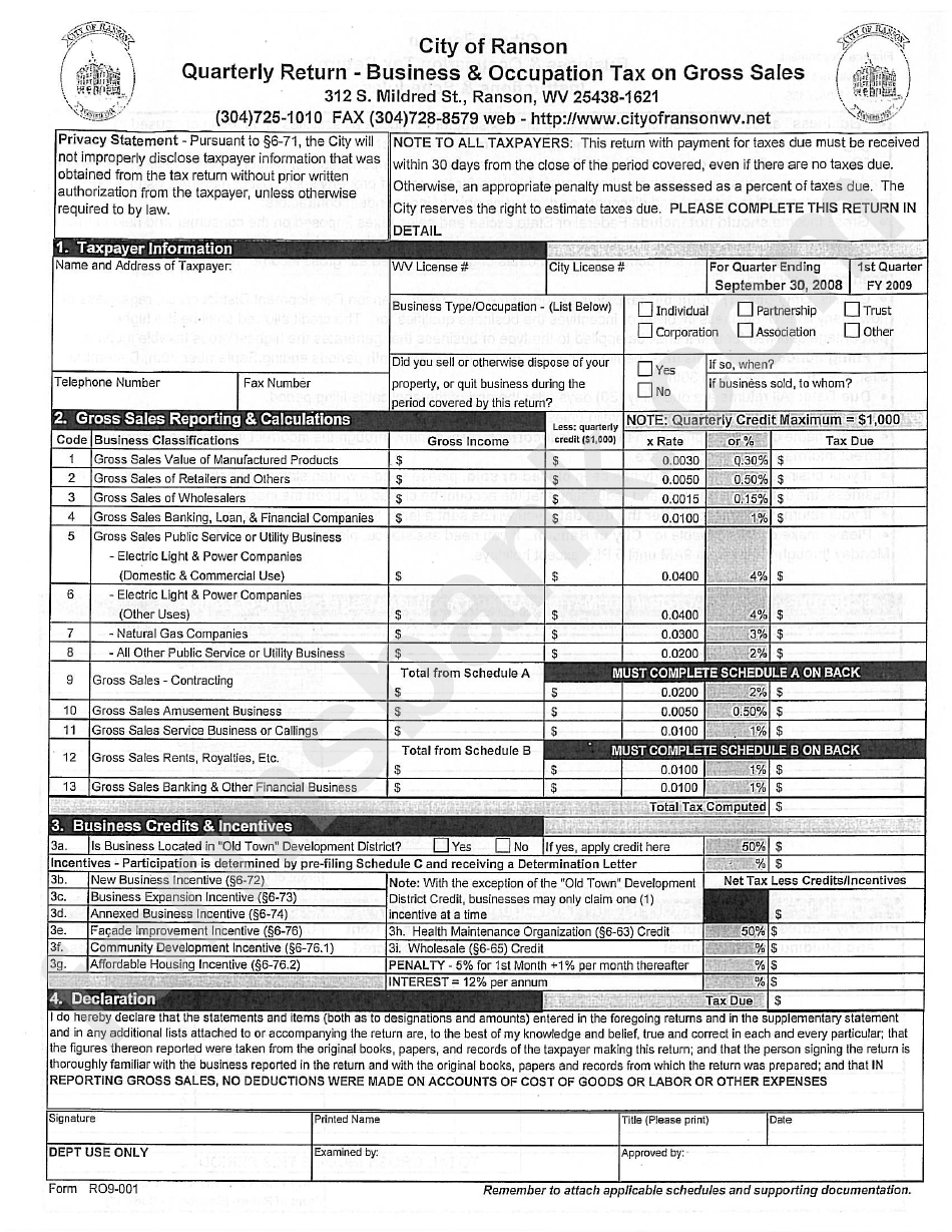 Form Ro9001 Quarterly Return Business & Occupation Tax On Gross