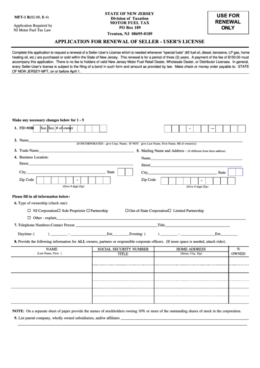 Fillable Form Mft1r Application For Renewal Of Seller User'S
