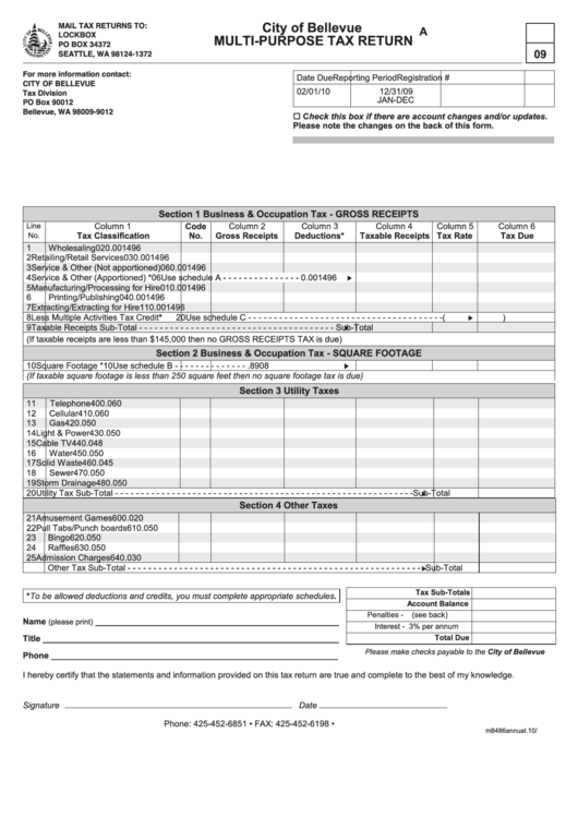 Annual MultiPurpose Tax Return City Of Bellevue 2009 printable pdf