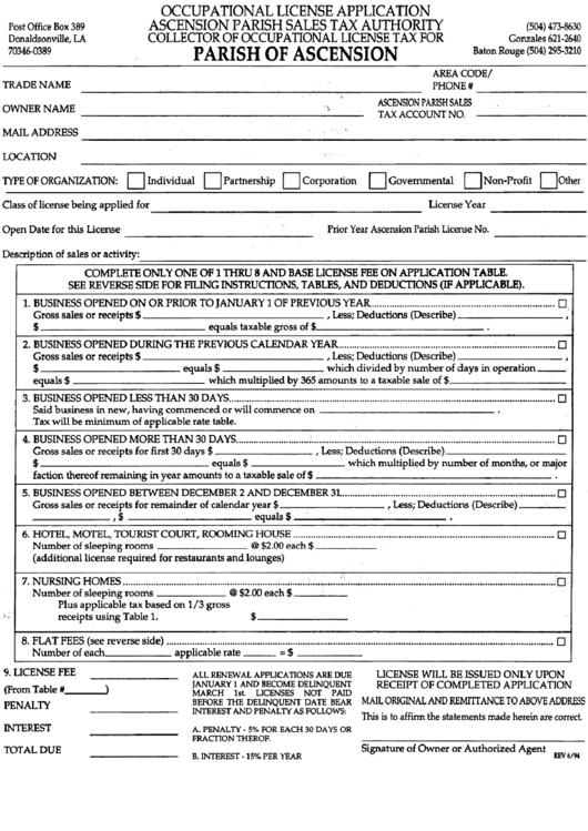Occupational License Application Form Ascension Parish Sales Tax