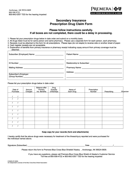 Secondary Insurance Prescription Drug Claim Form Blue Cross Blue