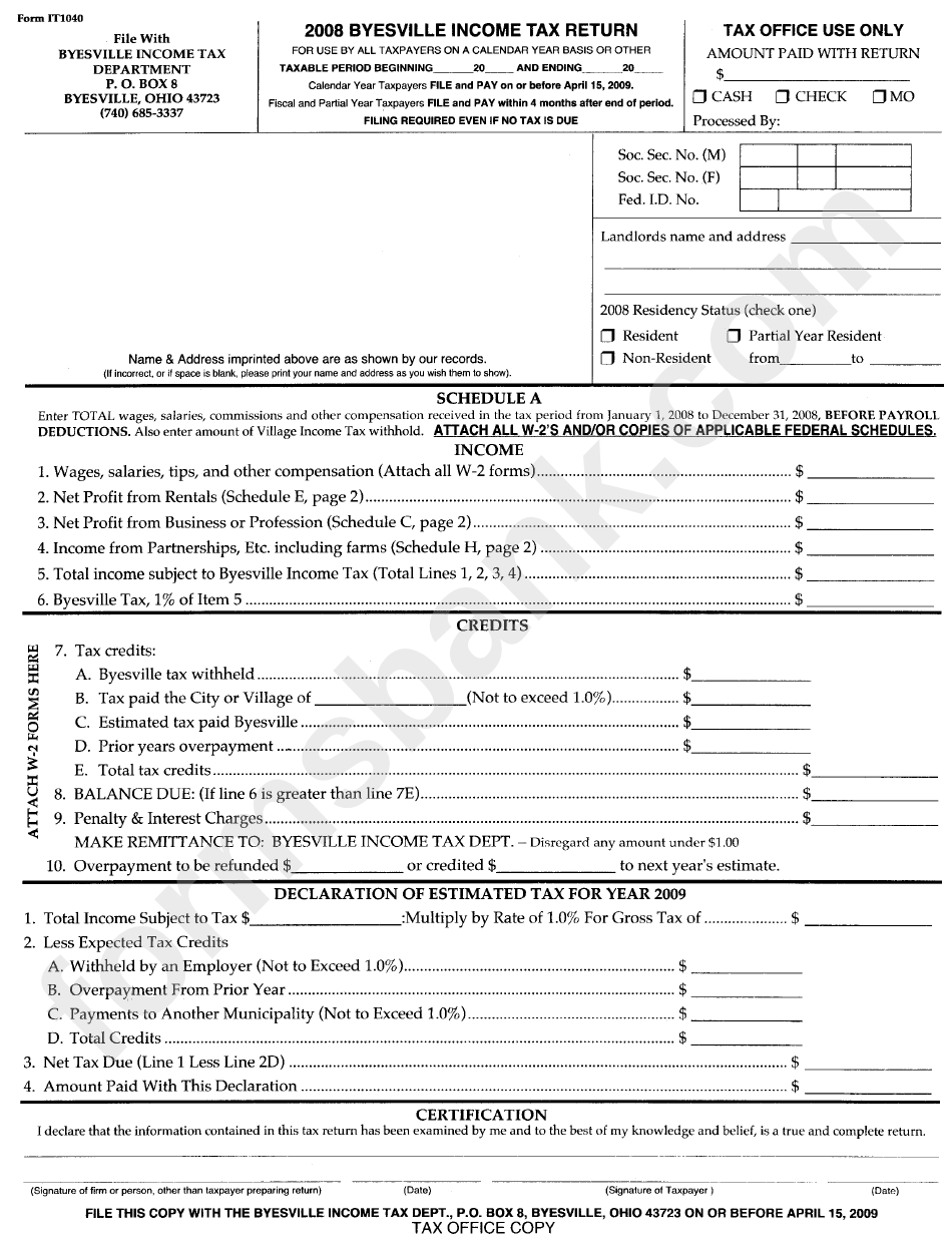 Form It1040 2008 Byesville Tax Return Byesville Ohio