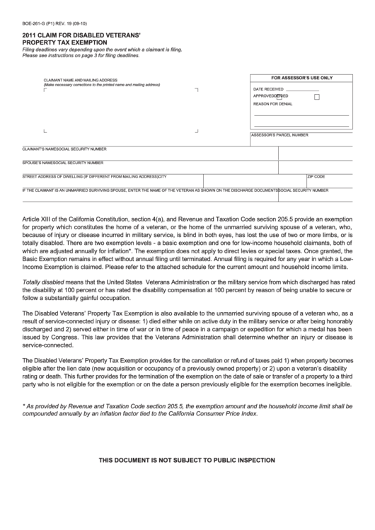 Fillable Form Boe261G (P1) Claim For Disabled Veterans' Property