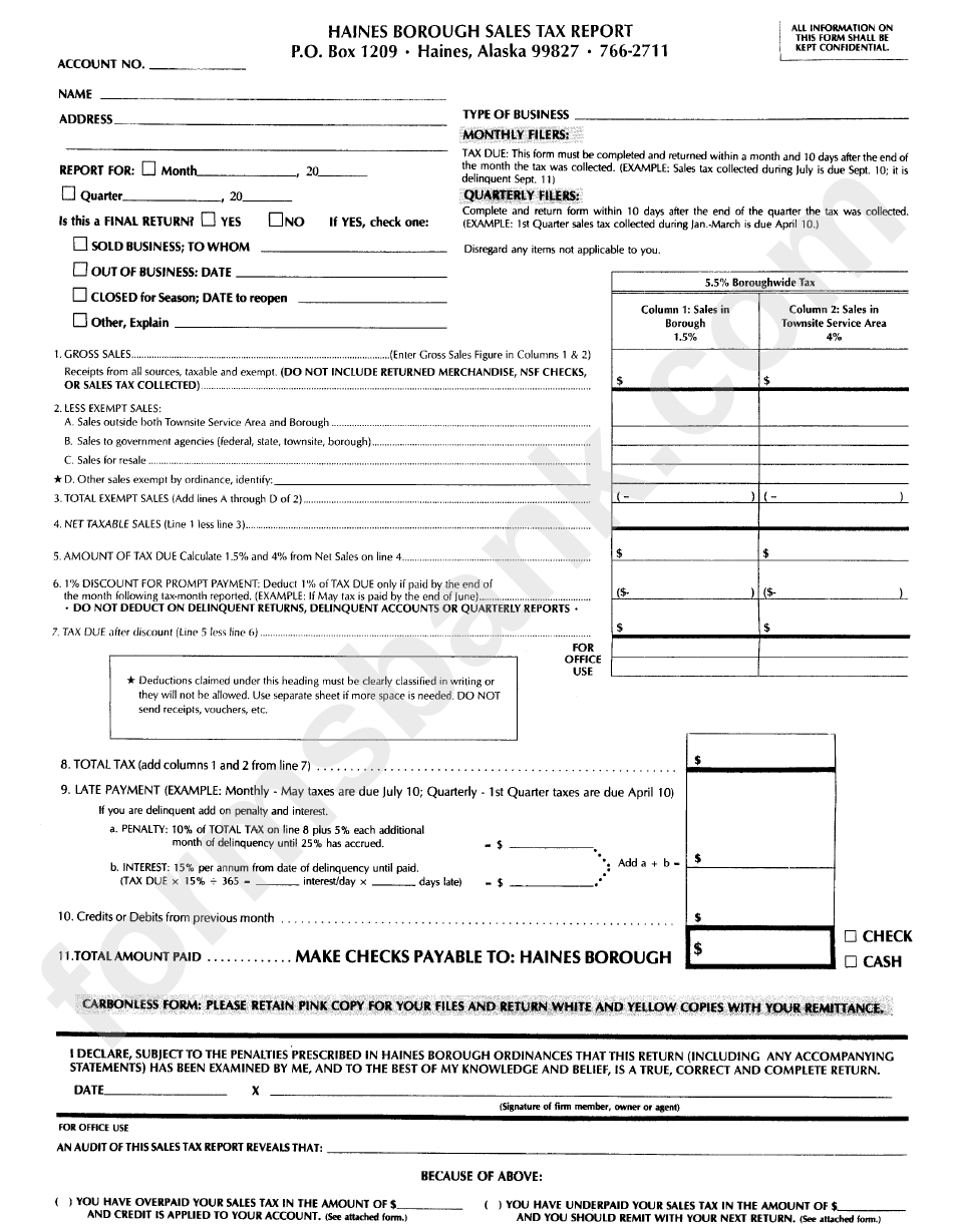 Haines Borough Sales Tax Report Form October 2002 printable pdf download