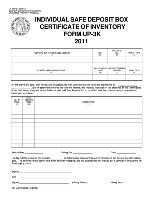 Fillable Form Up3k Individual Safe Deposit Box Certificate Of Inventory 2011 printable pdf