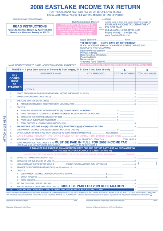 2008 Eastlake Tax Return Form Cleveland Ohio printable pdf