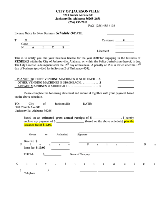 Schedule O License Notice For New Business Jacksonville, Alabama