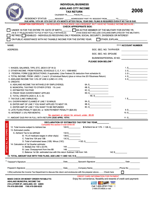 Individual/business Tax Return Ashland Municipal Tax