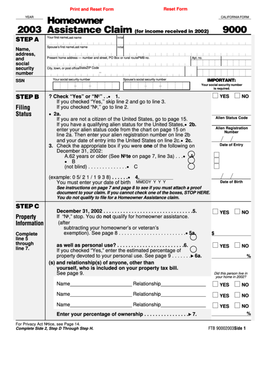 Fillable California Form 9000 Homeowner Assistance Claim 2003