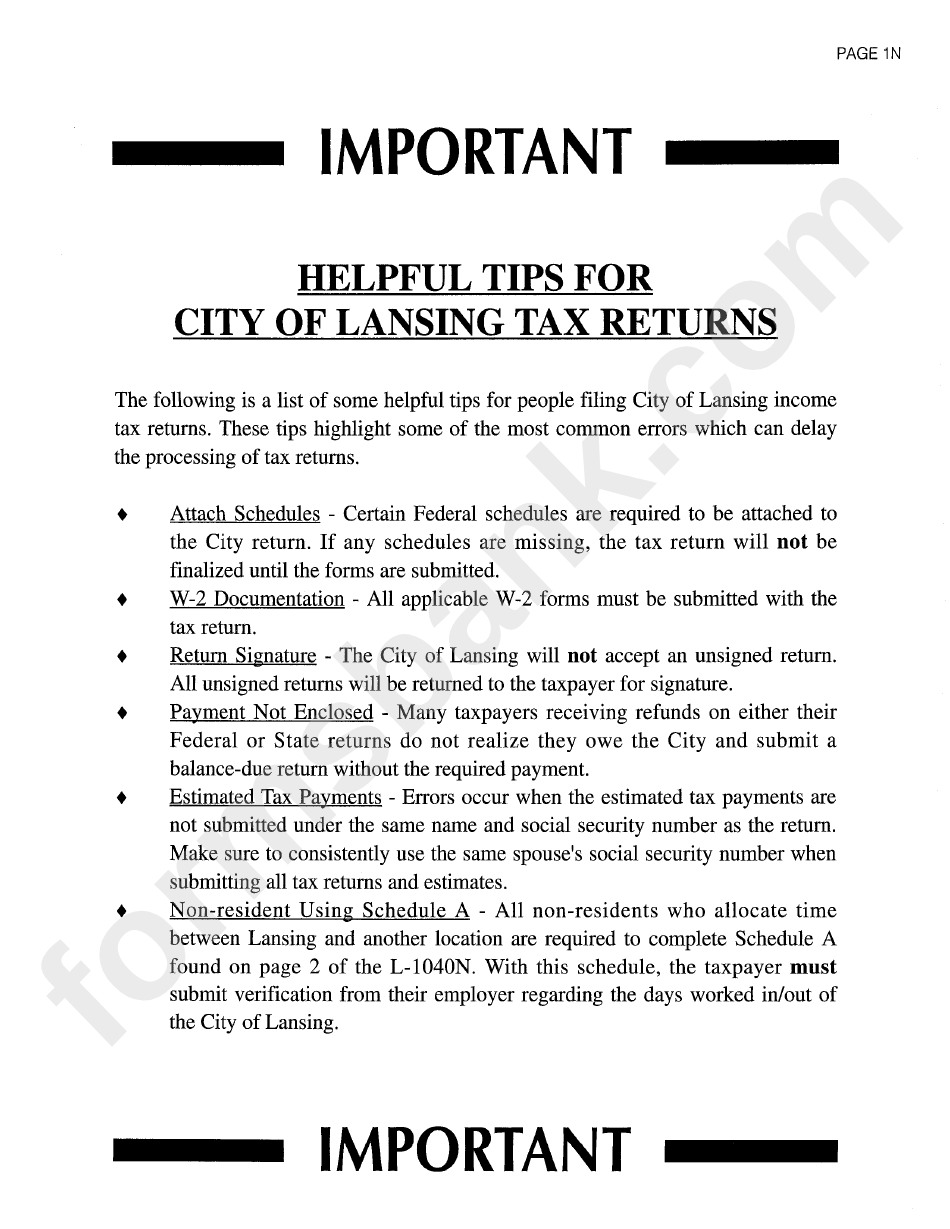 Instructions For Preparing Tax Return City Of Lansing printable pdf