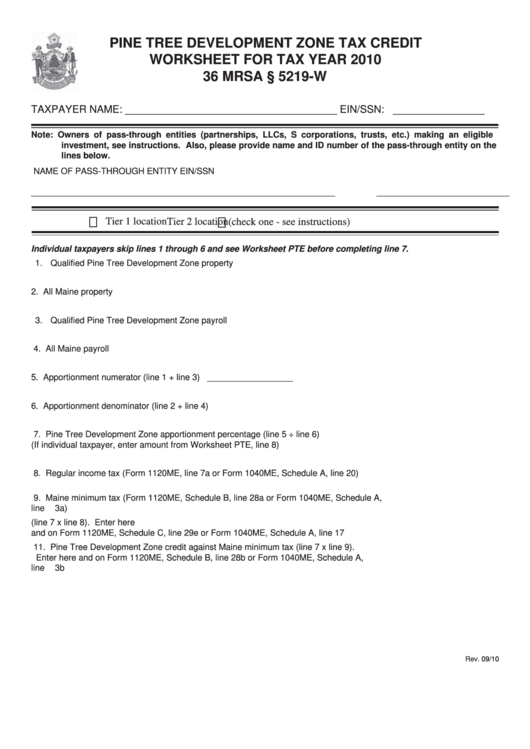 Pine Tree Development Zone Tax Credit Worksheet For Tax Year 2010