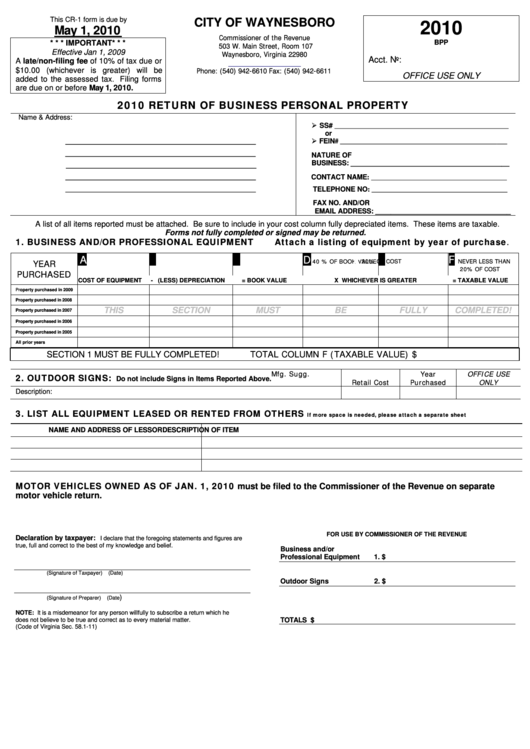 Form Cr1 Return Of Business Personal Property Waynesboro