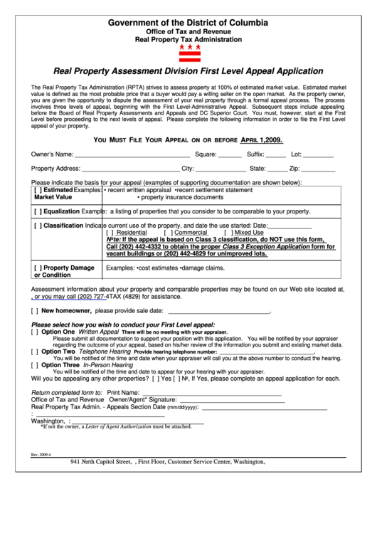 Real Property Assessment Division First Level Appeal Application Form
