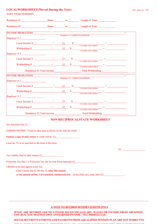 Form F301 Local/non Reciprocal State Worksheet, Form I302 Local Earned Tax Return