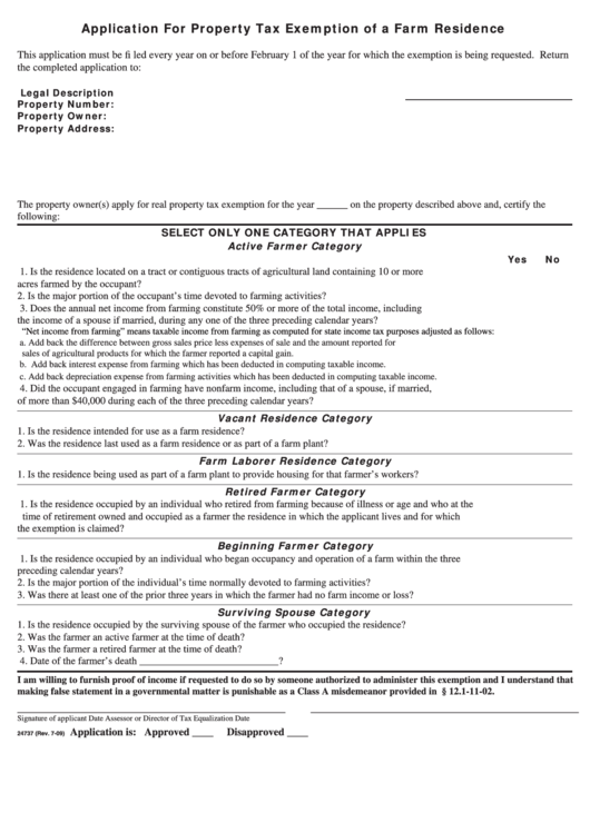 Fillable Form 24737 Application For Property Tax Exemption Of A Farm