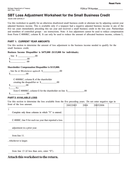 Fillable Form 3307 Sbt Loss Adjustment Worksheet For The Small