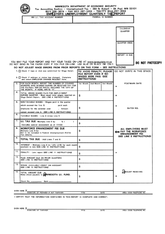 Employer'S Unemployment Quarterly Tax Report Minnesota Department Of