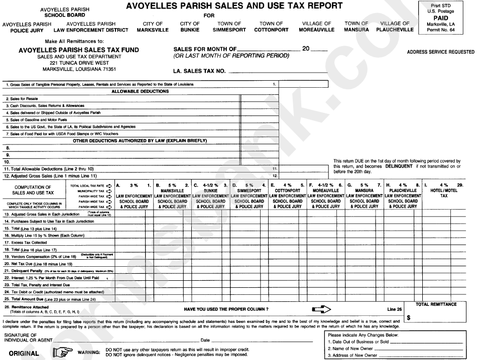 Avoyelles Parish Sales And Use Tax Report printable pdf download