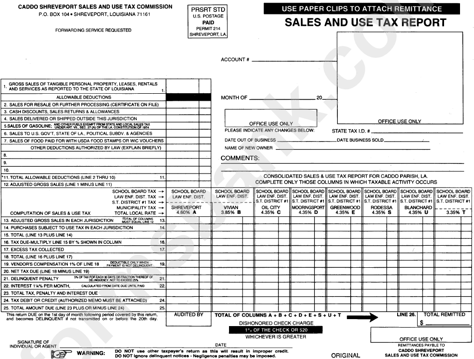 Sales / Use Tax Report Caddo Shreveport printable pdf download