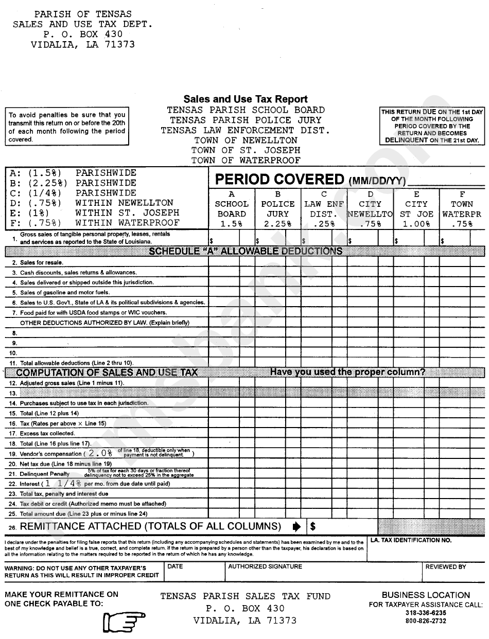 Sales And Use Tax Report Parish Of Tensas printable pdf download