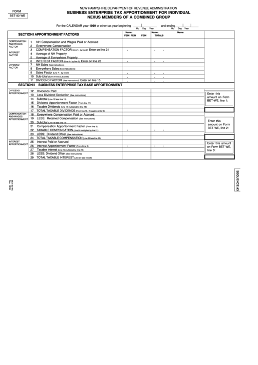 Form Bet80We Business Enterprise Tax Apportionment For Individual