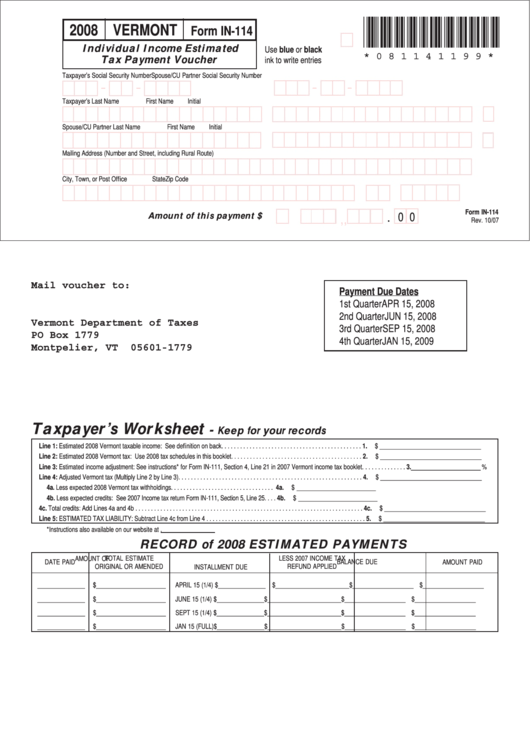 Form In114 Individual Estimated Tax Payment Voucher 2008
