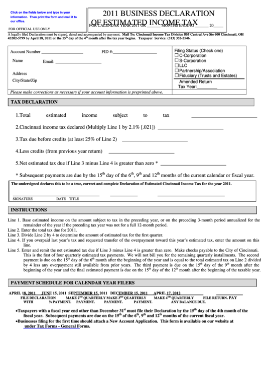 Fillable Business Declaration Of Estimated Tax Cincinnati