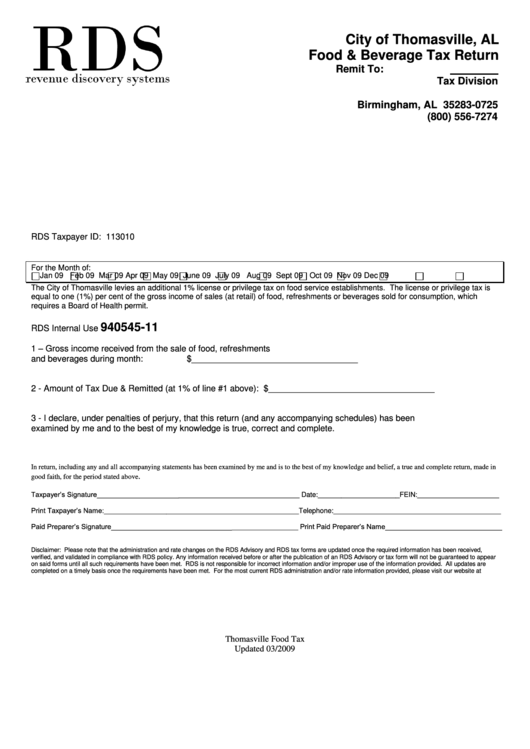 Food And Beverage Tax Return Form City Of Thomasville printable pdf