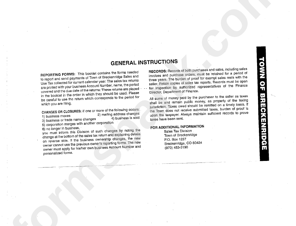 Instructions For Town Of Breckenridge Sales And Use Tax Return