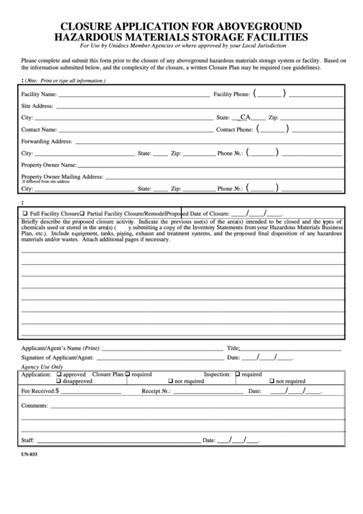 Form Un033 Closure Application For Aboveground Hazardous Materials