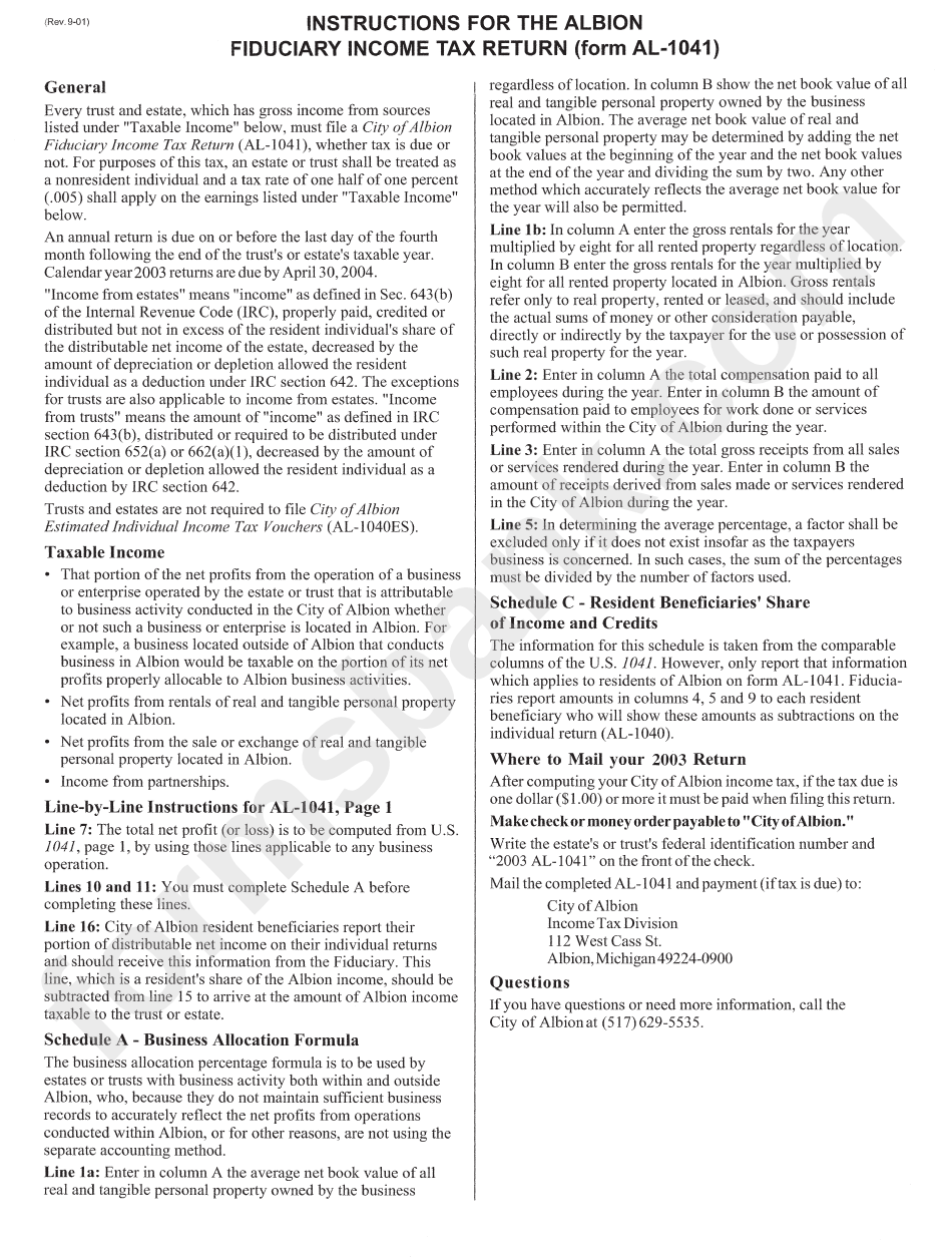 Instructions For The Albion Fiduciary Tax Return (Form Al1041