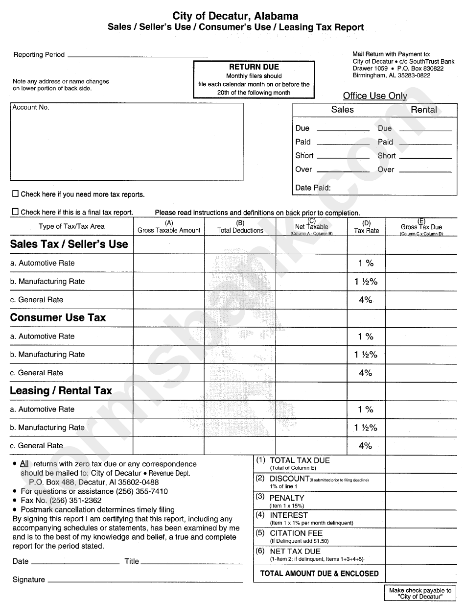 City Of Decatur Sales/seller'S Use/consumer'S Use/leasing Tax Report