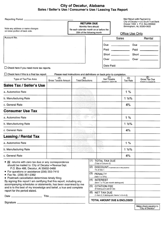 City Of Decatur Sales/seller'S Use/consumer'S Use/leasing Tax Report
