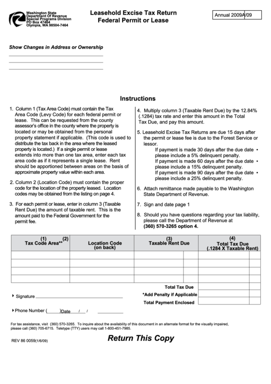 Form Rev 86 0059 Leasehold Excise Tax Return Federal Permit Or Lease