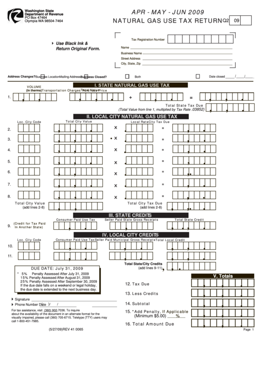 Natural Gas Use Tax Return Form Washington State 2009 printable pdf download