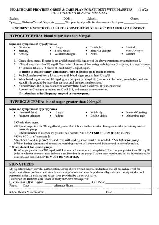Healthcare Provider Order & Care Plan For Student With Diabetes Form