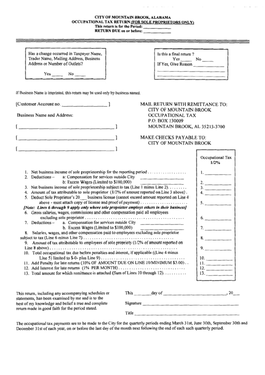 Occupational Tax Return Form For Sole Proprietors Only printable pdf