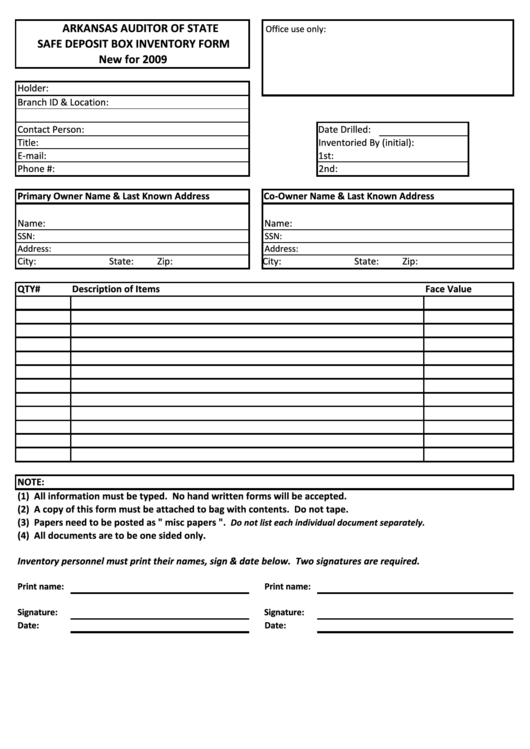 Fillable Safe Deposit Box Inventory Form 2009 printable pdf download