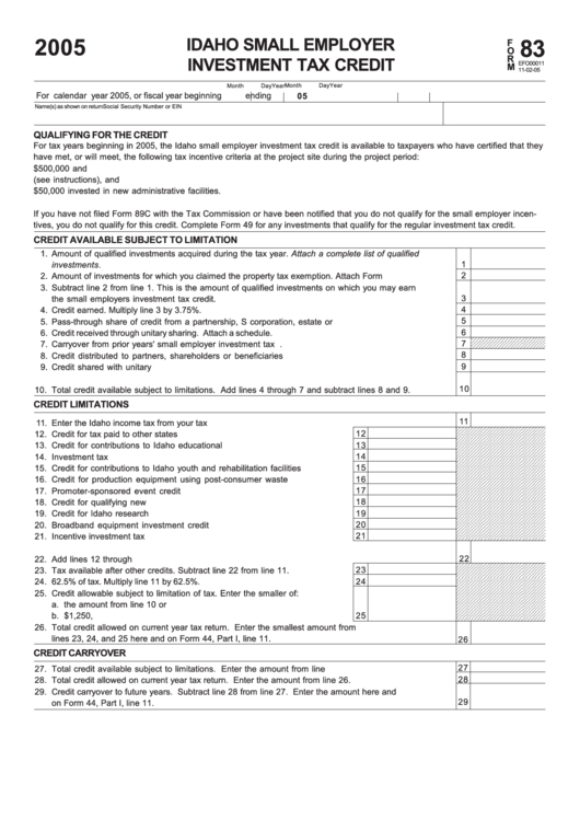 Fillable Form 83 Idaho Small Employer Investment Tax Credit printable