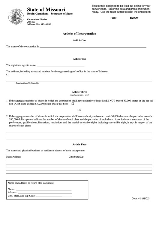Fillable Form Corp. 41 Articles Of Incorporation Form printable pdf
