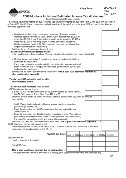 Form Esw Individual Estimated Tax Worksheet