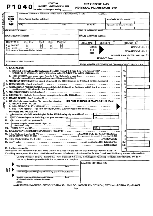 Form P1040 Individual Tax Return City Of Portland printable