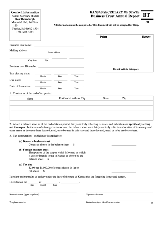 Fillable Form Bt 50 Business Trust Annual Report printable pdf download