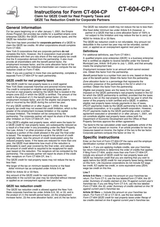 Instructions For Form Ct604Cp Claim For Qeze Credit For Real