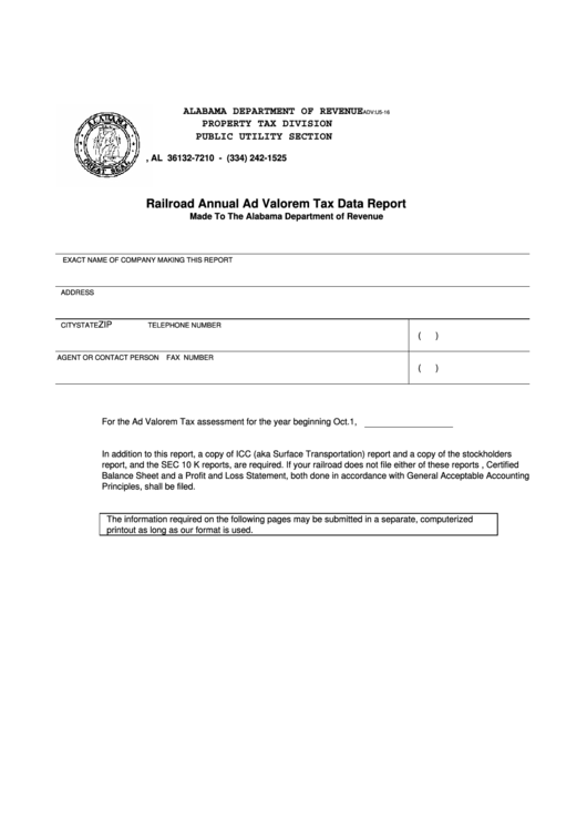 Form Advu516 Railroad Annual Ad Valorem Tax Data Report printable