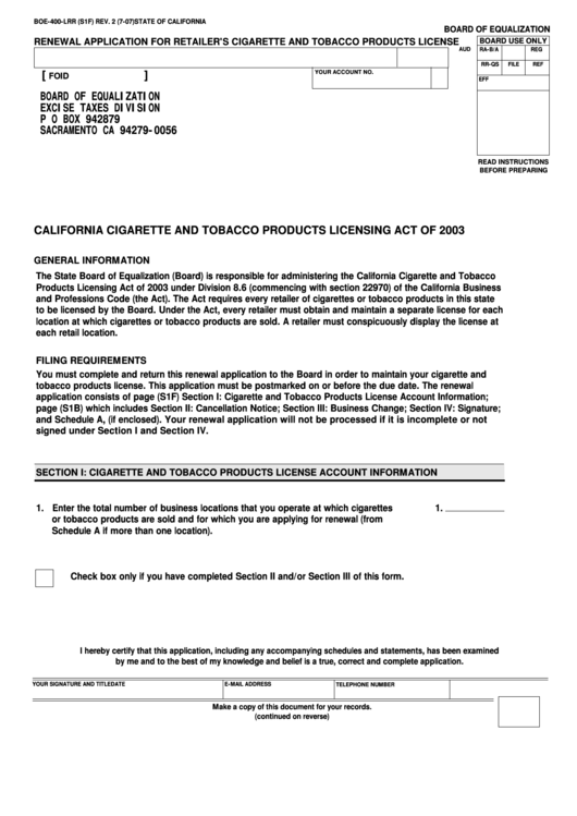 Fillable Form Boe400Lrr Renewal Applicaiton For Retailer'S